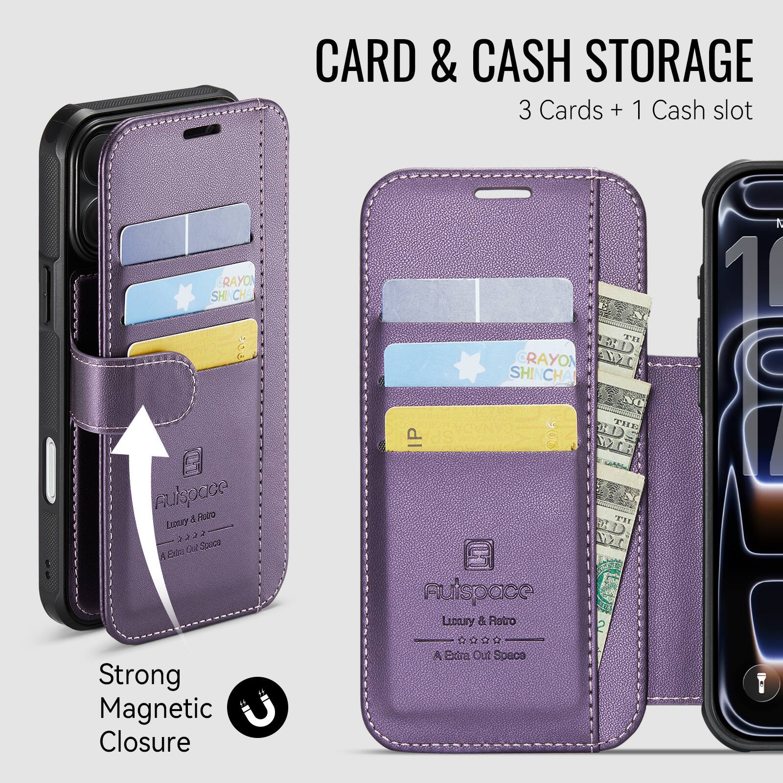 CARD & CASH STORAGE  
3 Cards + 1 Cash slot  

Strong Magnetic Closure  

Auispace Luxury & Retro  
A Extra Out Space