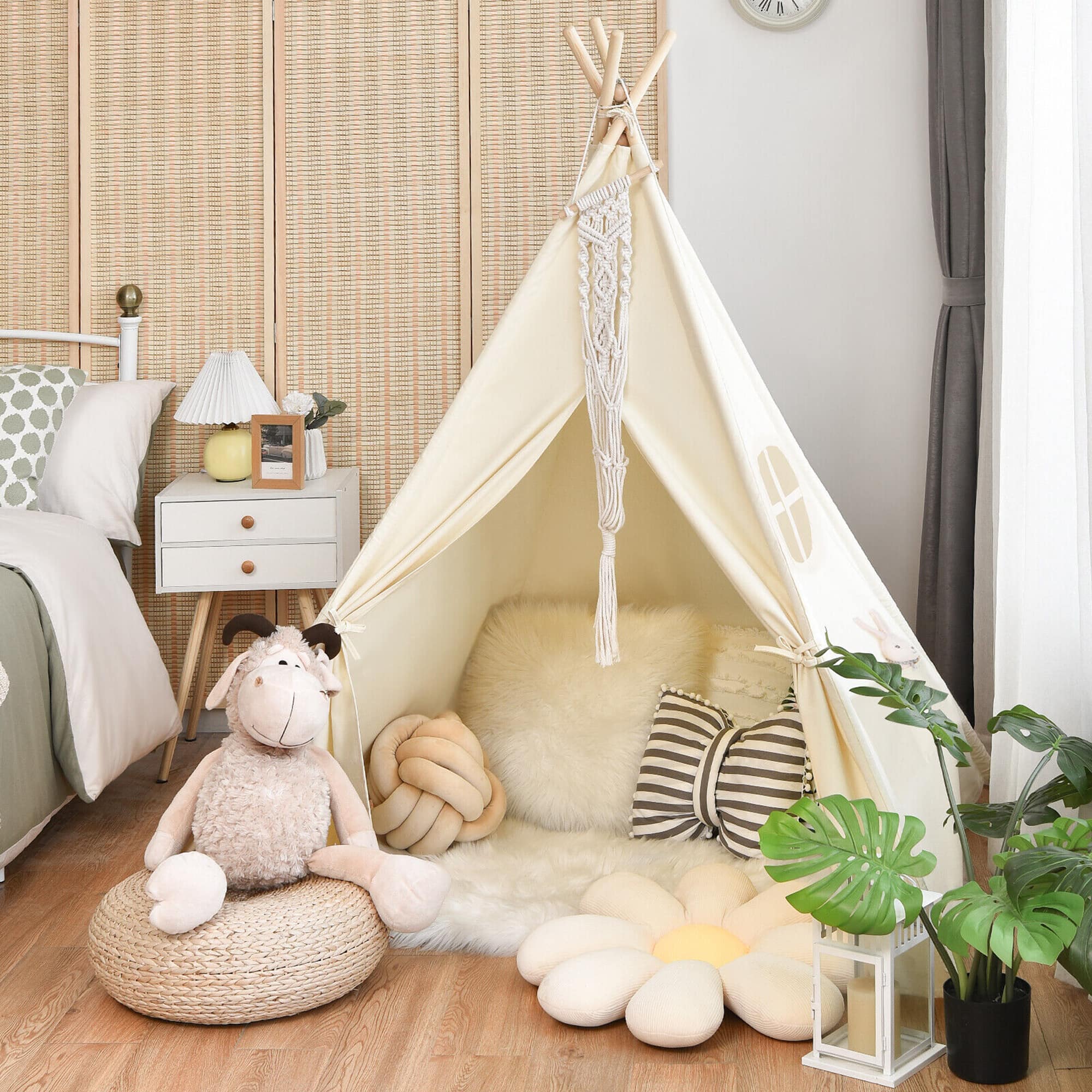 Gymax - Portable Kids Play Tent Indian Canvas Teepee Playhouse Toy Gift w/ Window - Beige