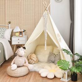 Gymax - Portable Kids Play Tent Indian Canvas Teepee Playhouse Toy Gift w/ Window - Beige