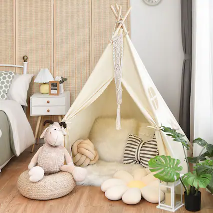 Front. Gymax - Gymax Portable Kids Play Tent Indian Canvas Teepee Playhouse Toy Gift w/ Window - Beige.