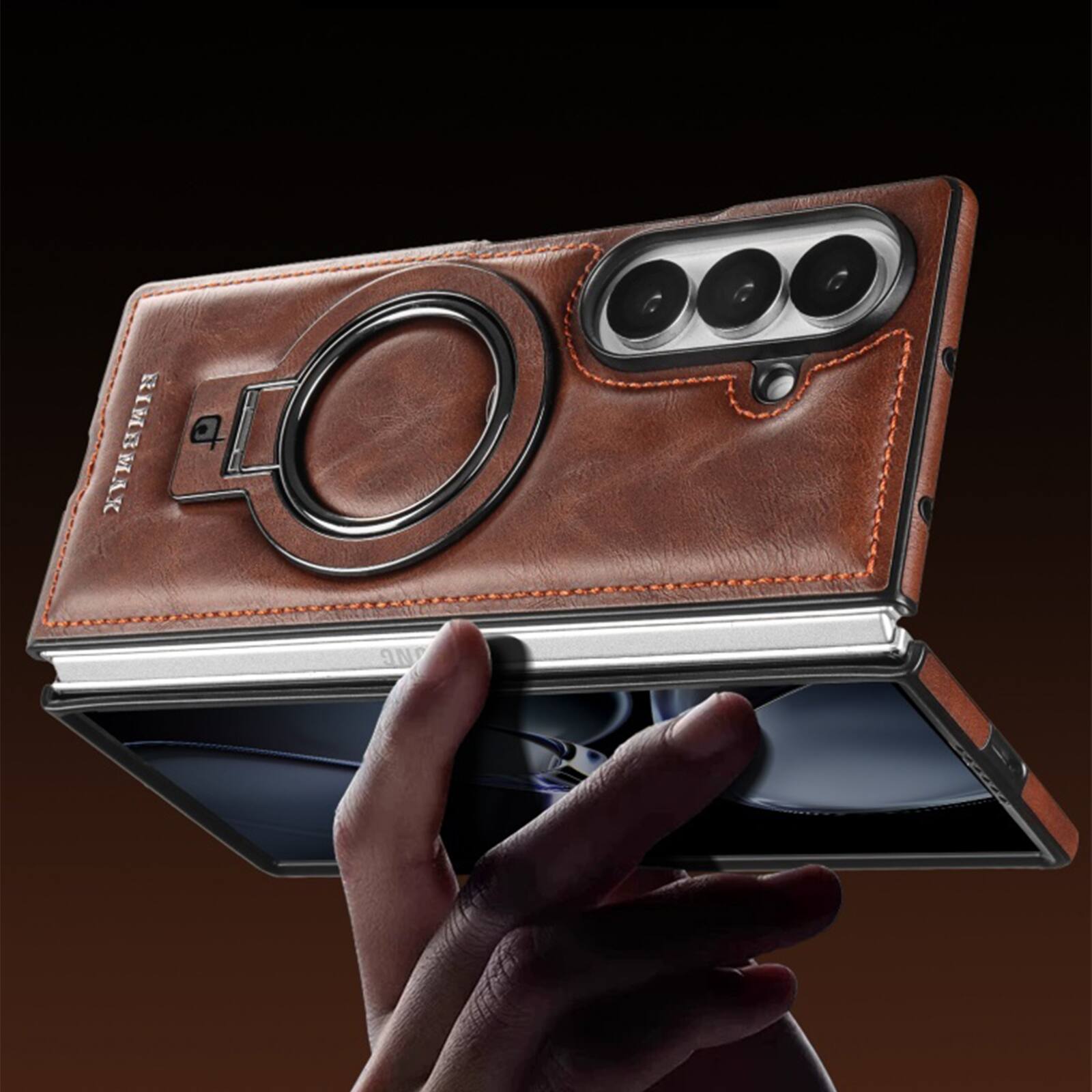 Left. Dteck - Premium Leather Shockproof Non-Slip Magnetic Invisible Ring Stand Phone Case for Samsung Galaxy Z Fold8 Ultra - Gray.