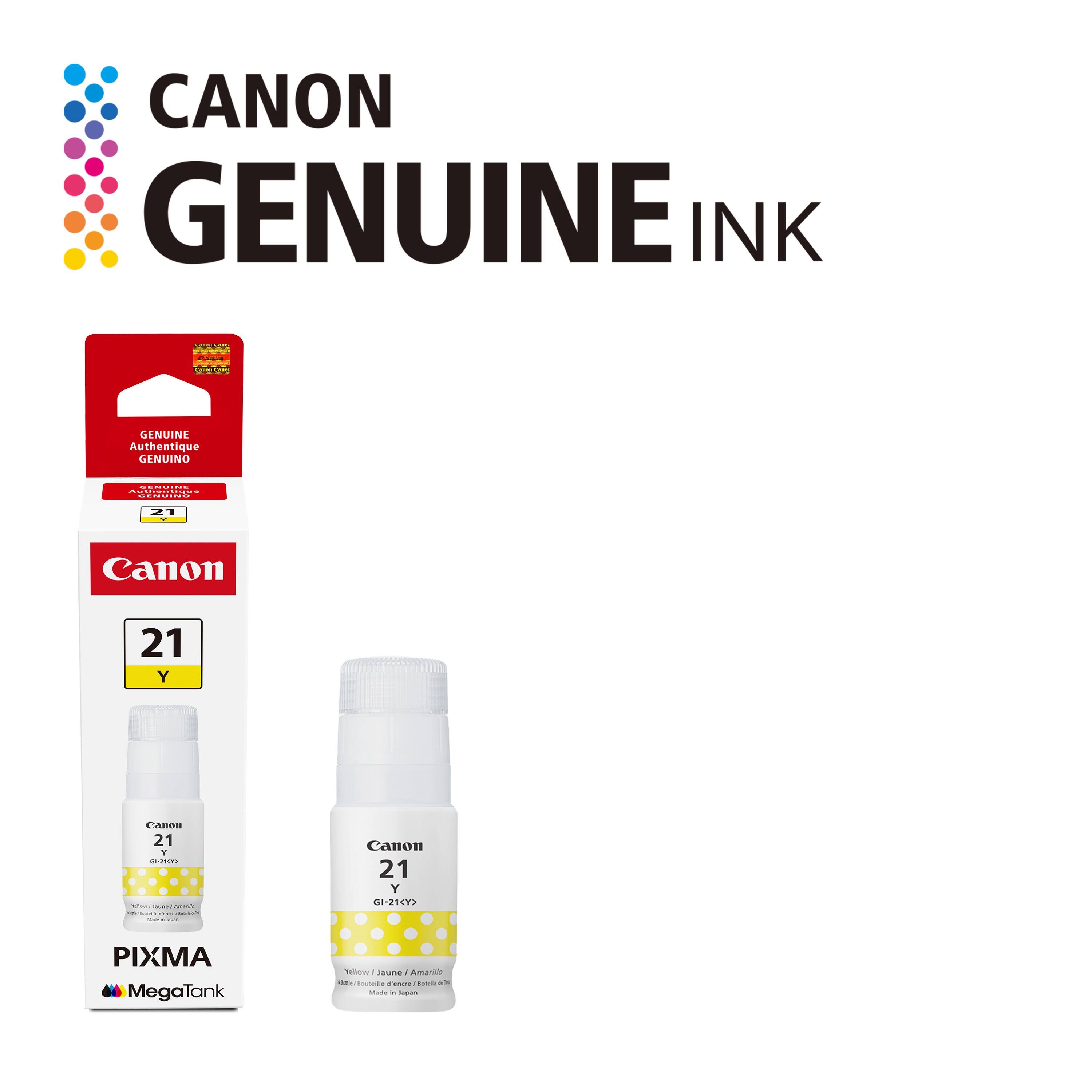 CANON GENUINE INK  
Authentique GENUINO  
Canon 21 Y  
Canon 21 i...  
PIXMA MegaTank  
Yellow / Jaune / Amarillo  
Made in Japan