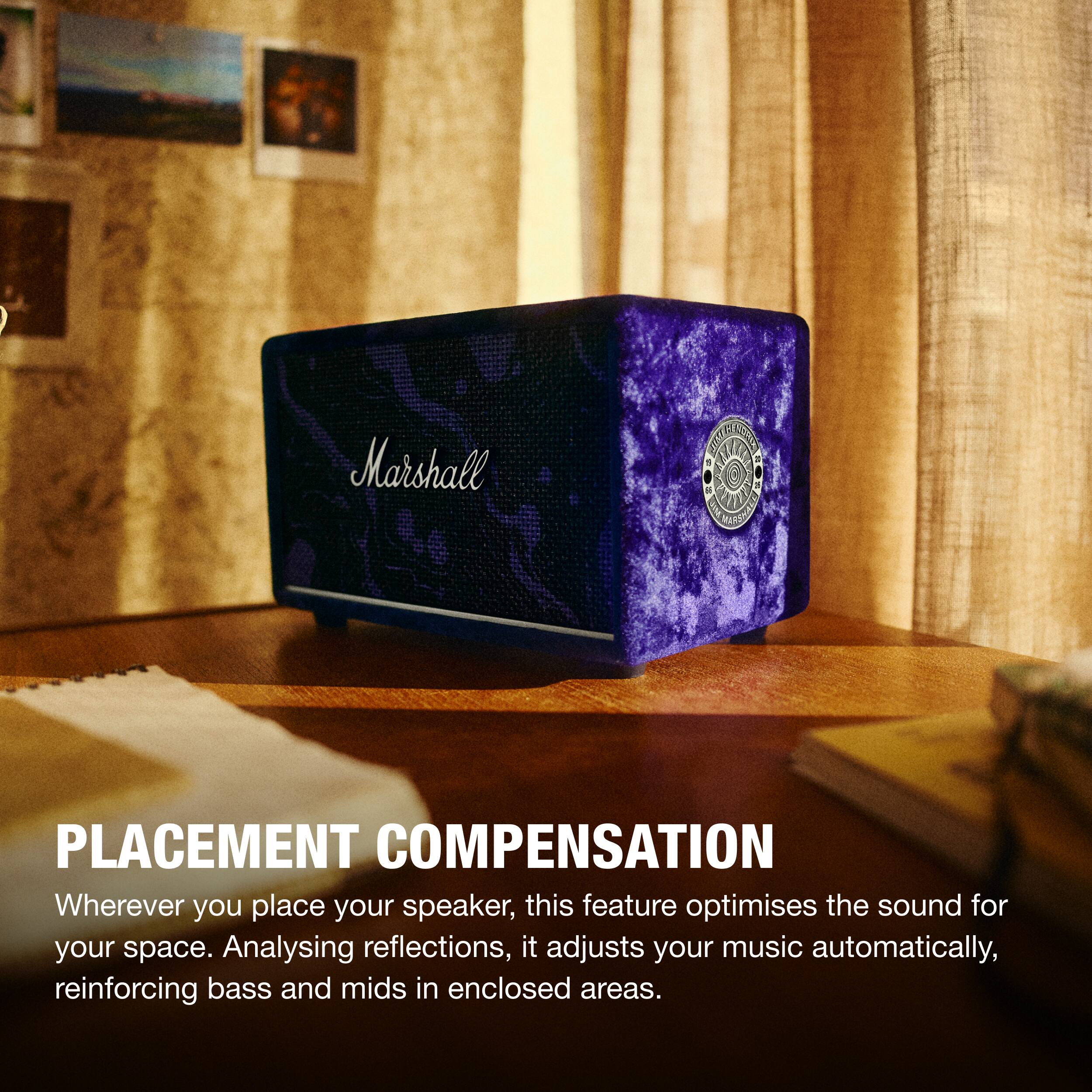 Marshall

PLACEMENT COMPENSATION

Wherever you place your speaker, this feature optimises the sound for your space. Analysing reflections, it adjusts your music automatically, reinforcing bass and mids in enclosed areas.