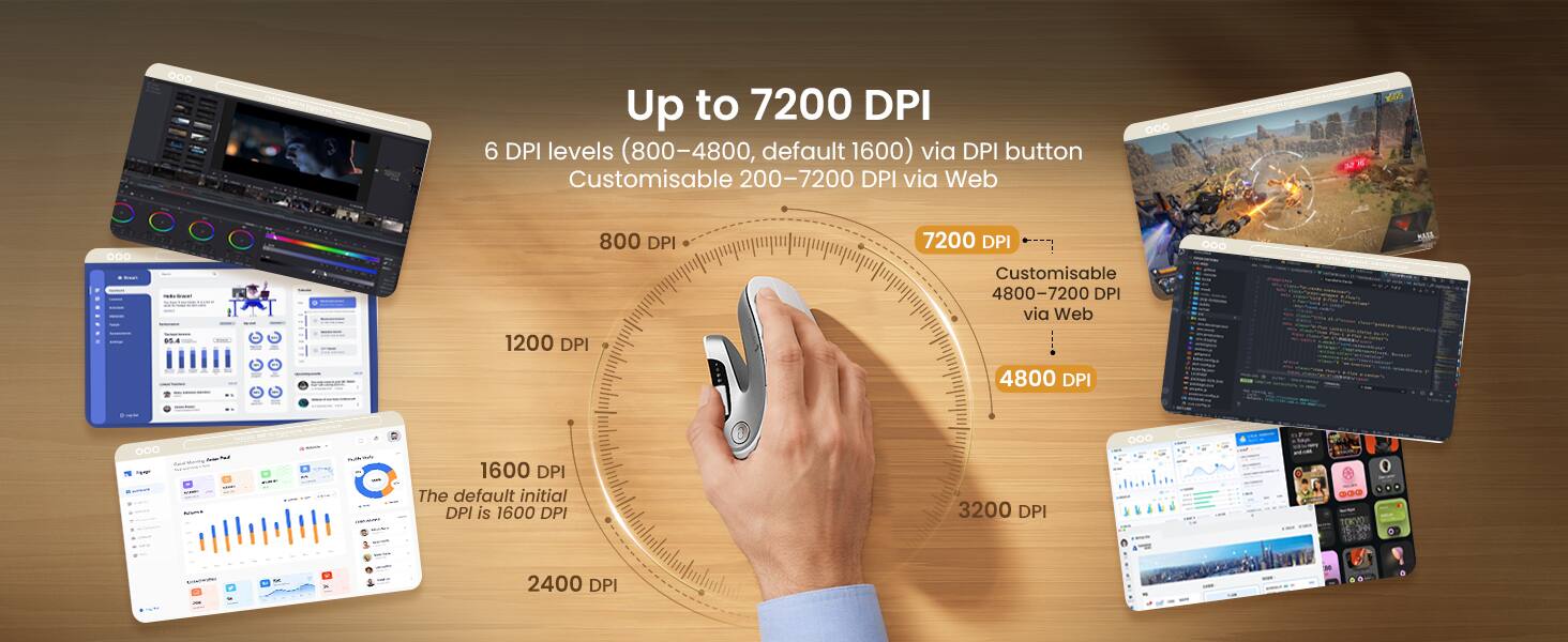 Up to 7200 DPI  
6 DPI levels (800-4800, default 1600) via DPI button  
Customisable 200-7200 DPI via Web  

800 DPI  
1200 DPI  
1600 DPI (The default initial DPI is 1600 DPI)  
2400 DPI  
3200 DPI  
4800 DPI  
7200 DPI (Customisable 4800-7200 DPI via Web)