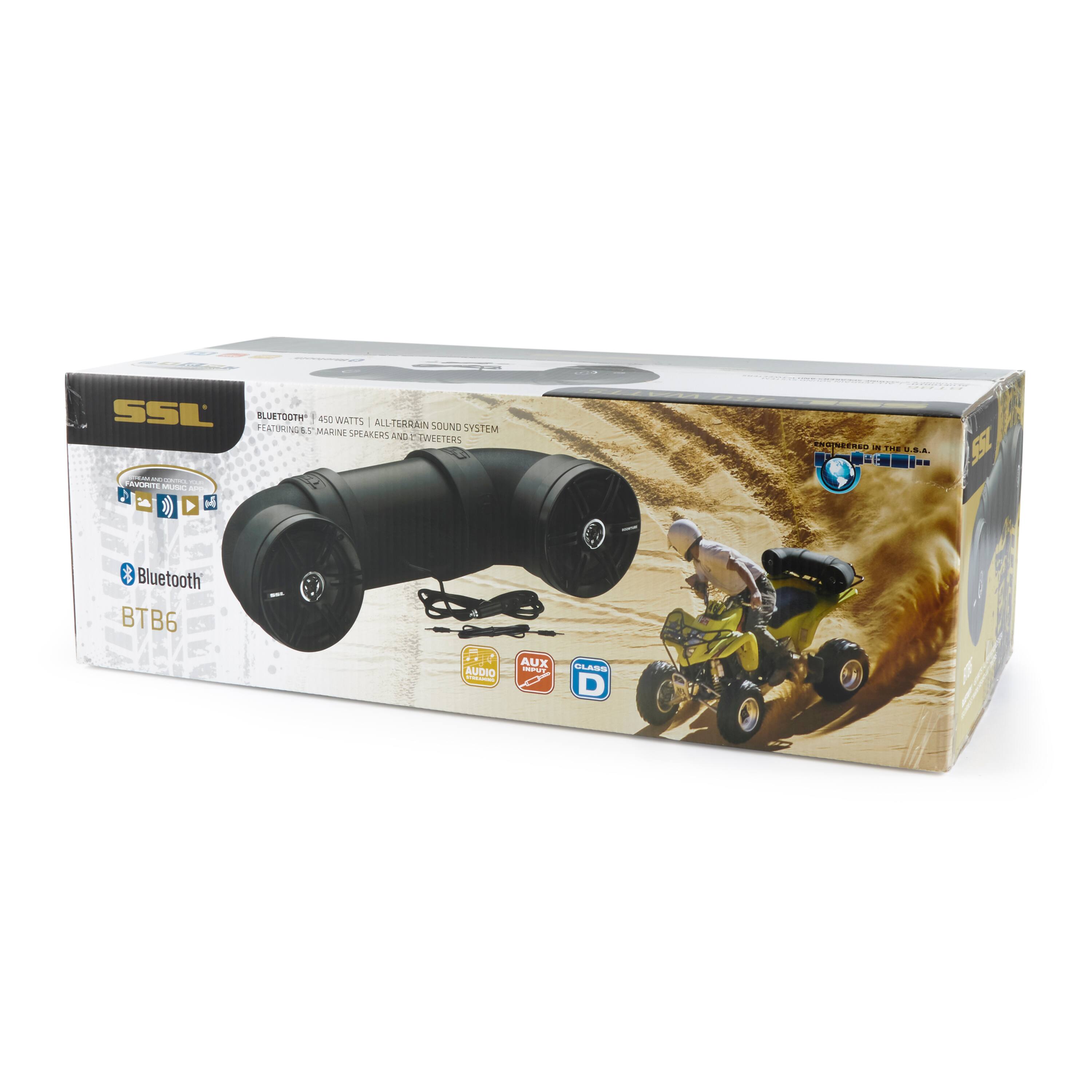 Sure, here is the corrected and grouped text from the image:

---

**SSL**

**Bluetooth BTB6**

**450 WATTS | ALL-TERRAIN SOUND SYSTEM**

**FEATURING 5 MARINE SPEAKERS AND 1 TWITTER**

**AUX AUDIO**

**CLASS D**

**MADE IN THE U.S.A.**

---

This text is organized to reflect the information on the packaging.