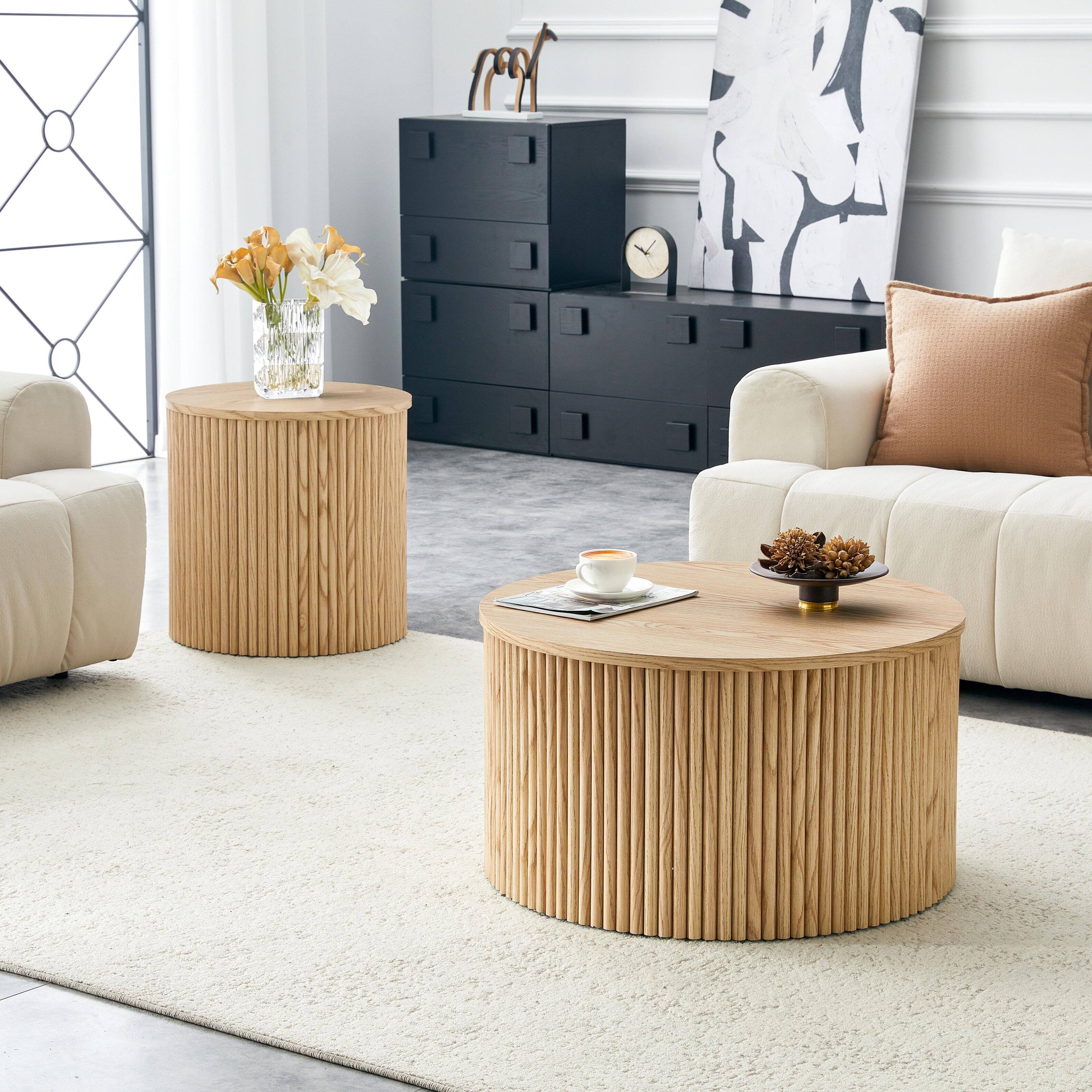 Left. Loheer - Loheer- 2.6ft Round Nesting Coffee Table Set with Storage Roman Column Light Wood Grain Side Tables for Living Room - Wood.