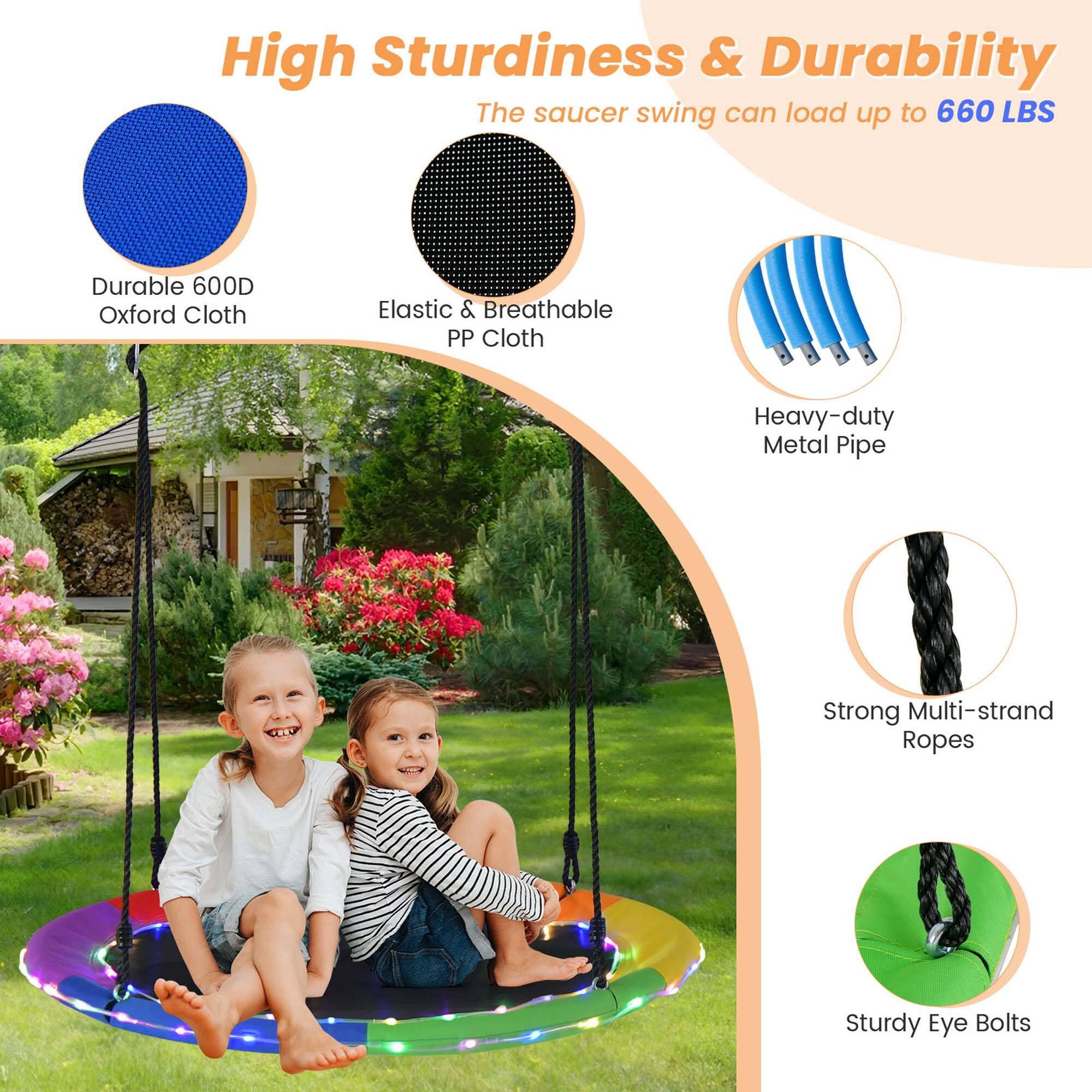 High Sturdiness & Durability  
The saucer swing can load up to 660 LBS  

- Durable 600D Oxford Cloth  
- Elastic & Breathable PP Cloth  
- Heavy-duty Metal Pipe  
- Strong Multi-strand Ropes  
- Sturdy Eye Bolts