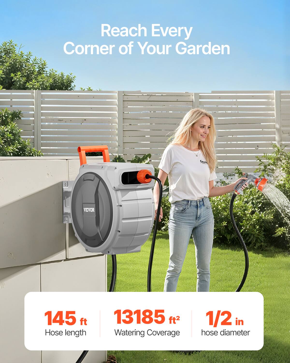 Reach Every Corner of Your Garden

145 ft  
Hose length

13185 ft²  
Watering Coverage

1/2 in  
hose diameter