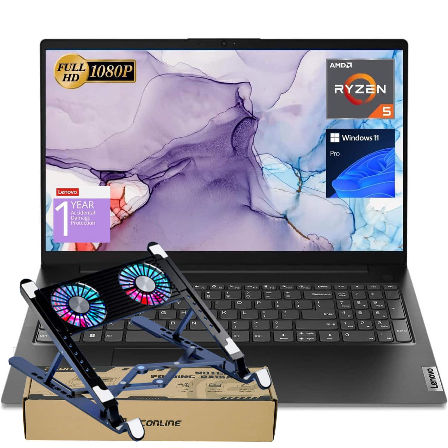 Lenovo - V15 15.6" FHD Laptop - AMD Ryzen 5 7520U - 16GB RAM - 512GB SSD - Numeric Keypad - Windows 11 Pro - PCO Laptop Cooler - Gray