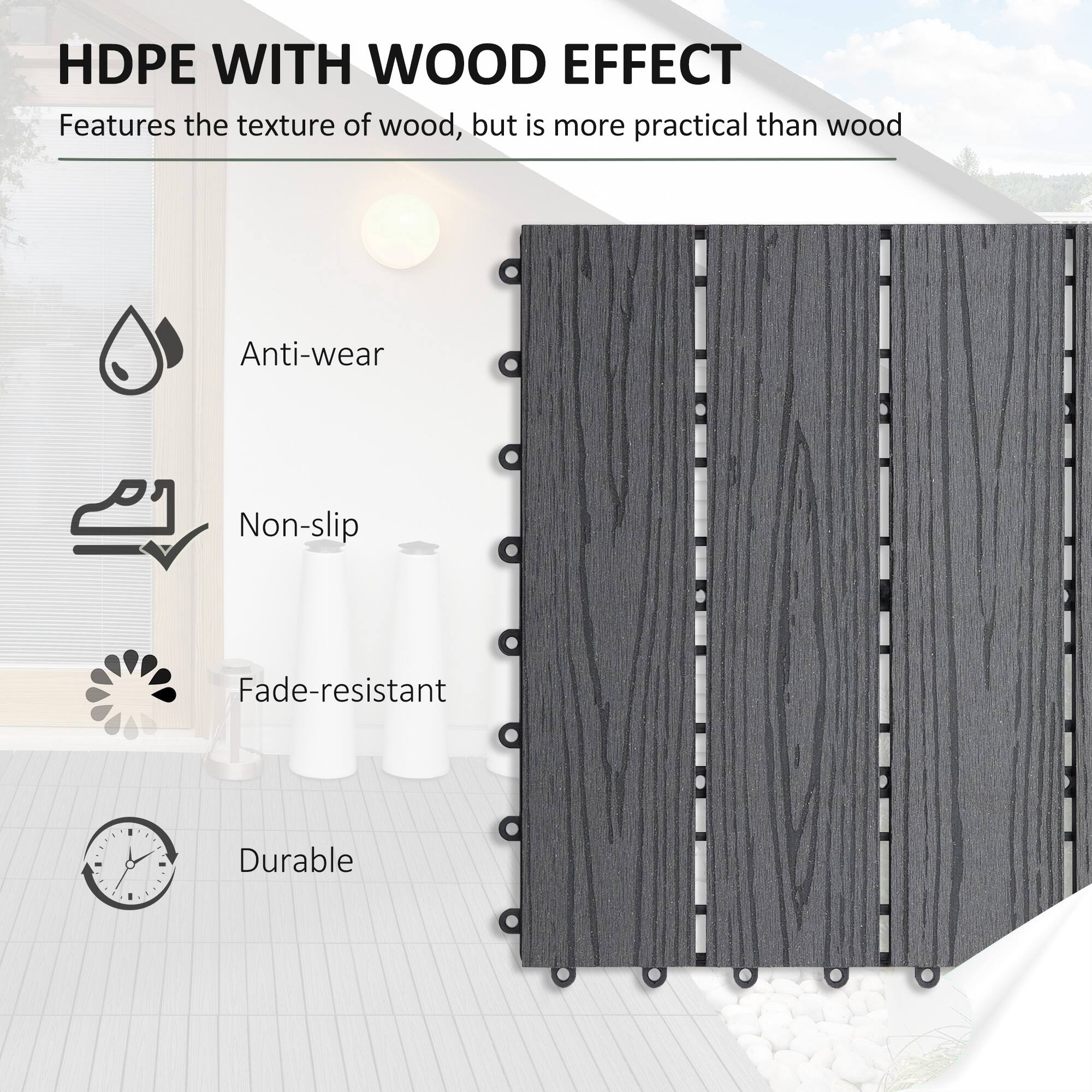 HDPE WITH WOOD EFFECT
Features the texture of wood, but is more practical than wood
Anti-wear
Non-slip
Fade-resistant
Durable