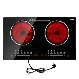 VEVOR - Electric Cooktop 24inch 2 Burners Portable Stove Top 1800W 120V, Ceramic Countertop/Built-in Radiant Electric Stove - Black