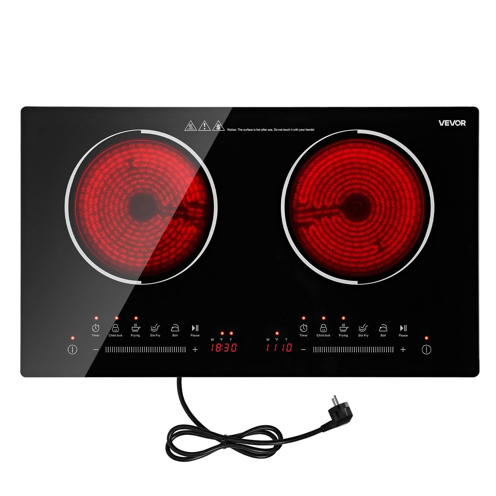 Nation: The surface is hot after use. Do not touch with your hands!

VEVOR

Timer
Child Lock
Frying
Stir Fry
6 Dot
Pause +

F 1 18:30
Timer Child Lock Frying Stir Fry 5ot Pause = 7 11:10 +