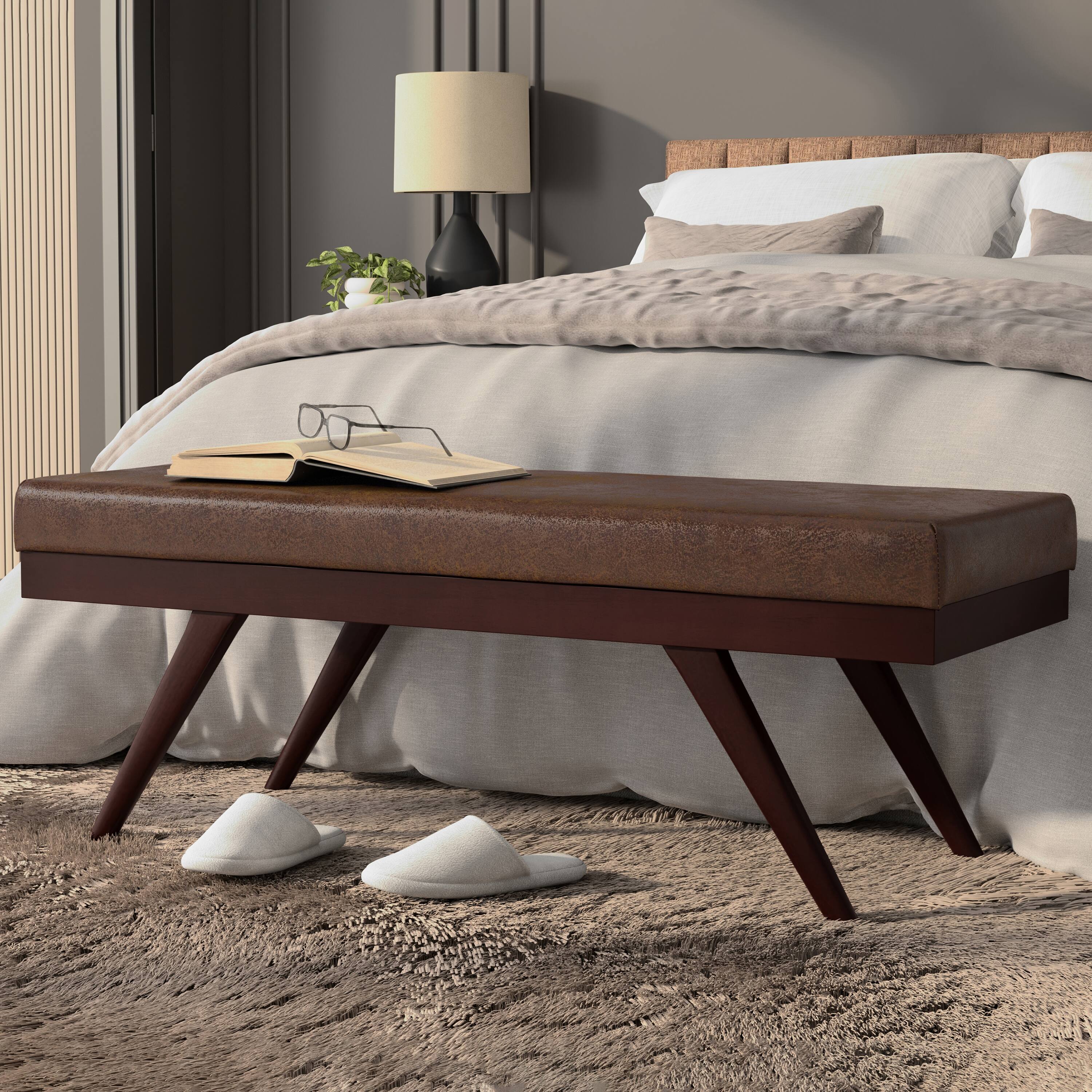 Angle. Simpli Home - Chanelle SOLID HARDWOOD Mid Century Ottoman Bench in Distressed Chestnut Brown - Distressed Chestnut Brown.