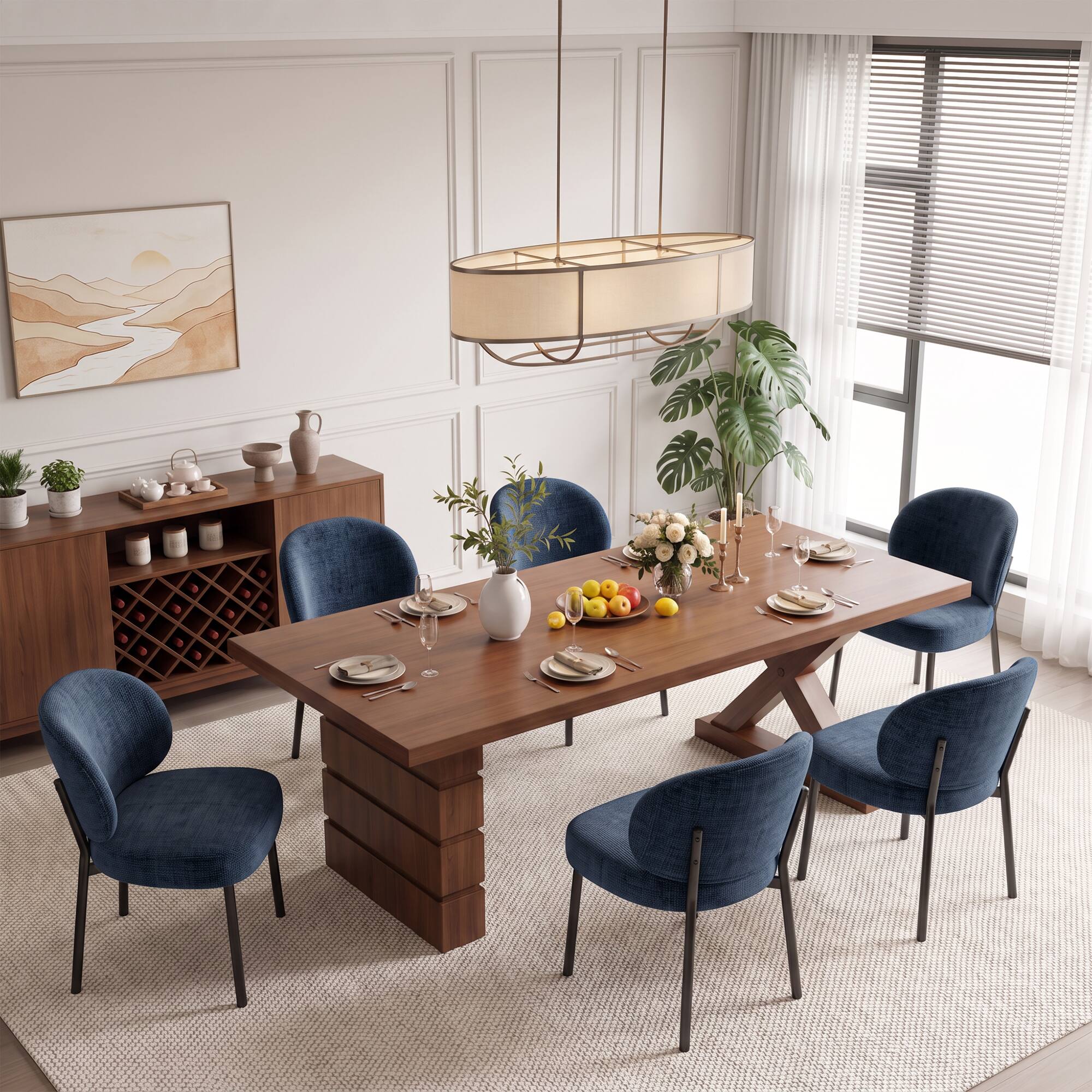 Angle. Brick Attic - Set of 2 Wide Upholstered Dining Chairs with Curved Backrest and Thick Padded Seat Office Chair for Dining Room - Blue.