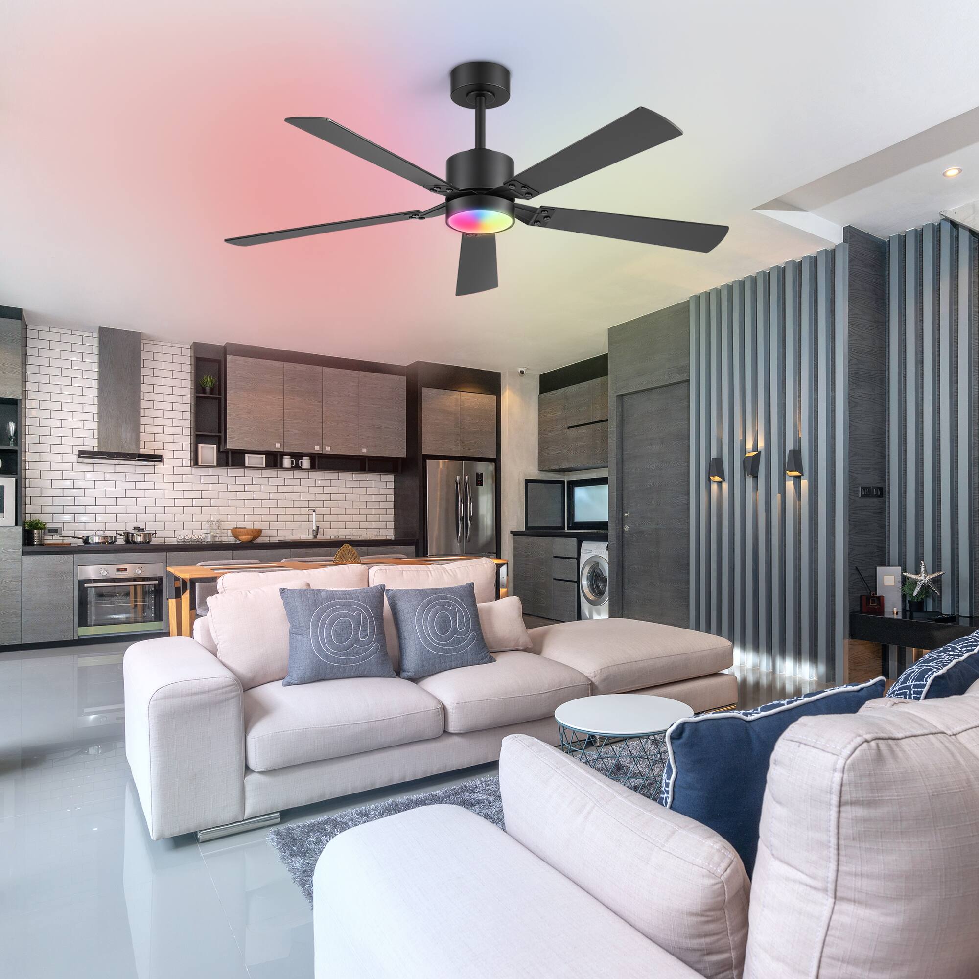 Alt View 1. Breezary - 52-Inch Ceiling Fan with Acrylic Light Shade, RGB LED Light, 6-Speed Remote Control, Timer, Downrod Mount - Black and Walnut.