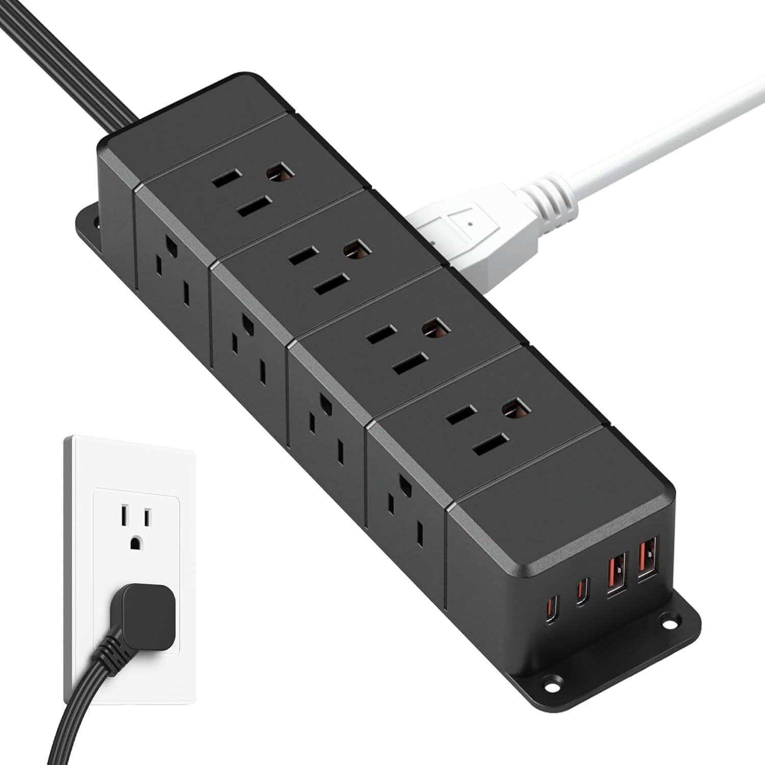 Front. PARKER SLATER - Under Desk Power Strip with 12 Outlets, 45W USB-C Fast Charging, 4 USB Ports, 1200J Surge Protector, 6FT Flat Cord - Black.