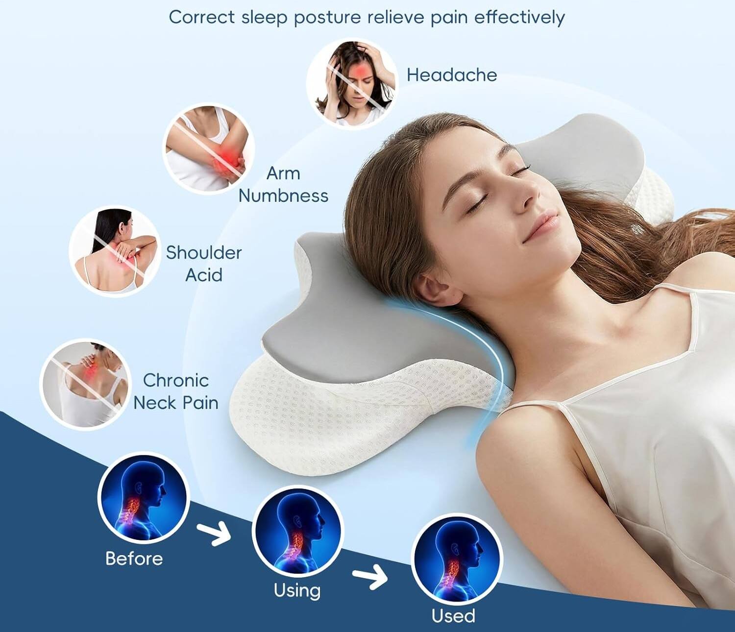 Correct sleep posture relieve pain effectively

- Headache
- Arm Numbness
- Shoulder Acid
- Chronic Neck Pain

Before → Using → Used
