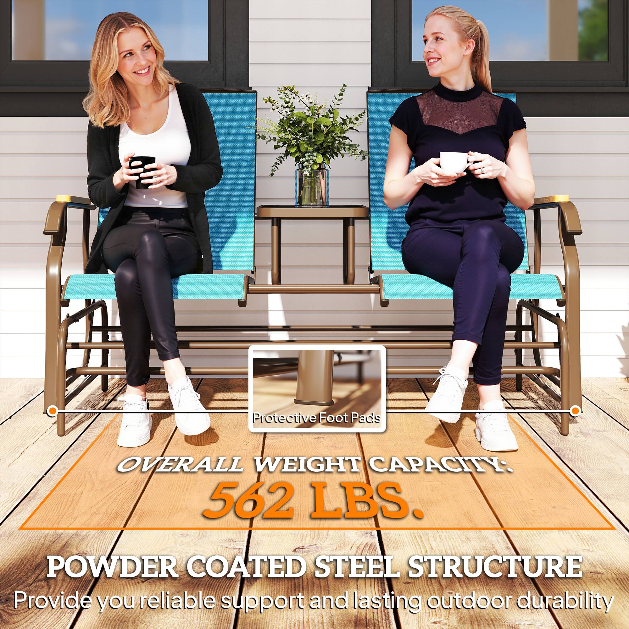 Protective Foot Pads

OVERALL WEIGHT CAPACITY: 562 LBS.

POWDER COATED STEEL STRUCTURE

Provide you reliable support and lasting outdoor durability