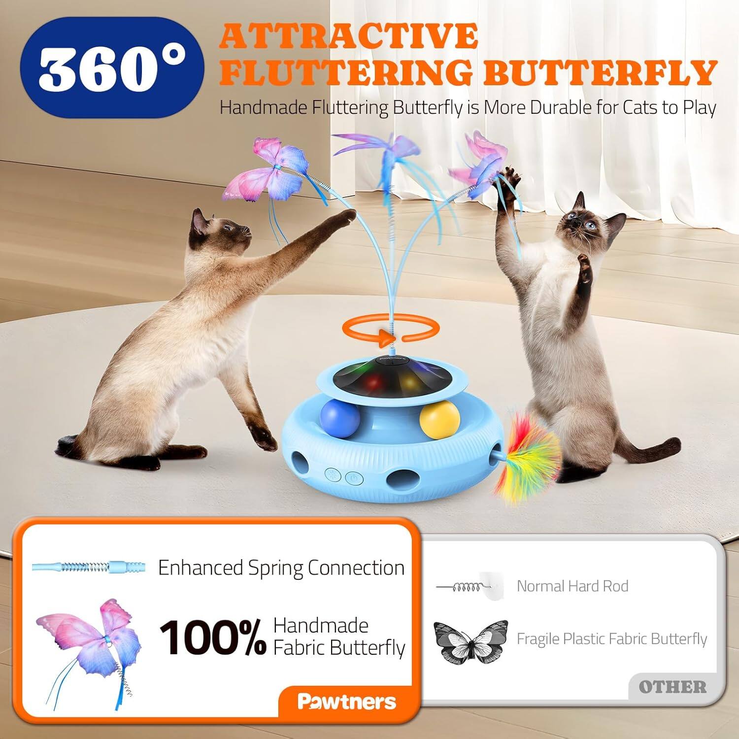 Attractive 360 Fluttering Butterfly, Handmade Fluttering Butterfly is More Durable for Cats to Play, Enhanced Spring Connection, Normal Hard Rod, Handmade 100% Fabric Butterfly, Pawtners, Fragile Plastic Fabric Butterfly, Other
