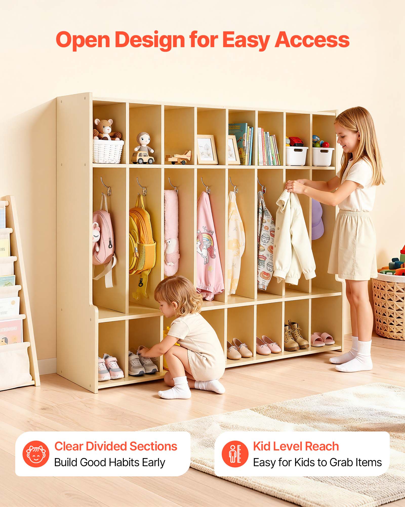 Open Design for Easy Access

Clear Divided Sections
Build Good Habits Early

Kid Level Reach
Easy for Kids to Grab Items