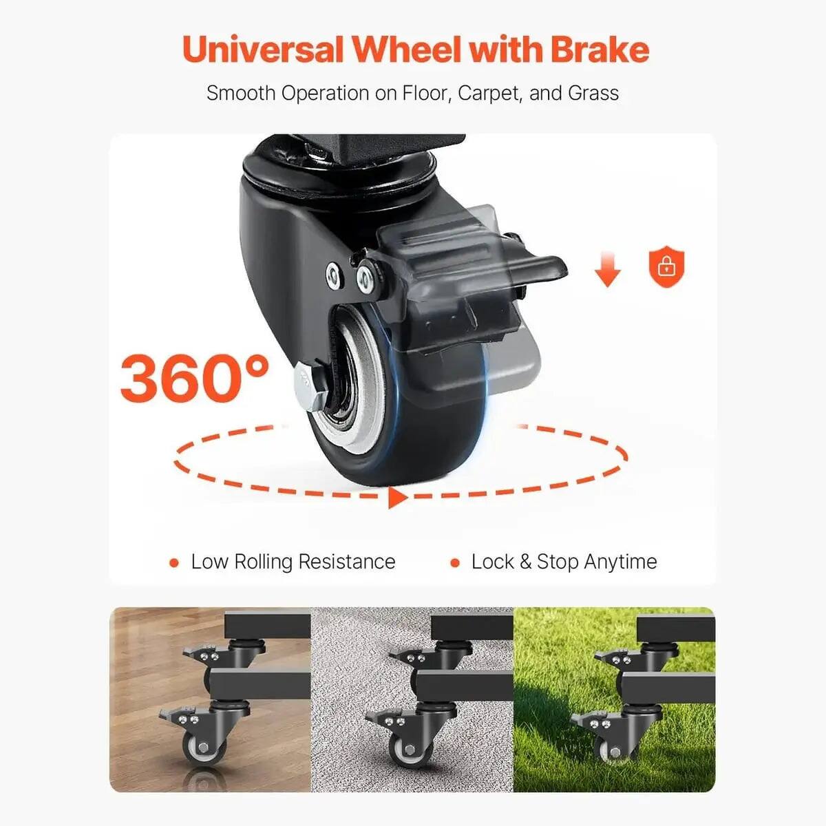 Universal Wheel with Brake  
Smooth Operation on Floor, Carpet, and Grass  

360°  

- Low Rolling Resistance  
- Lock & Stop Anytime