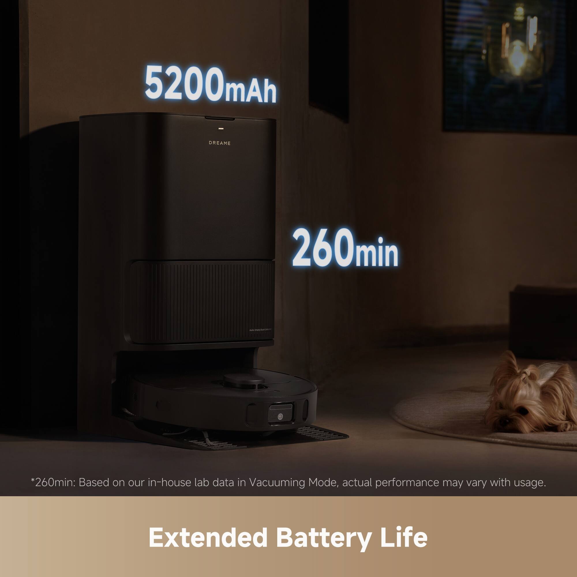 5200mAh  
260min  

*260min: Based on our in-house lab data in Vacuuming Mode, actual performance may vary with usage.  

Extended Battery Life