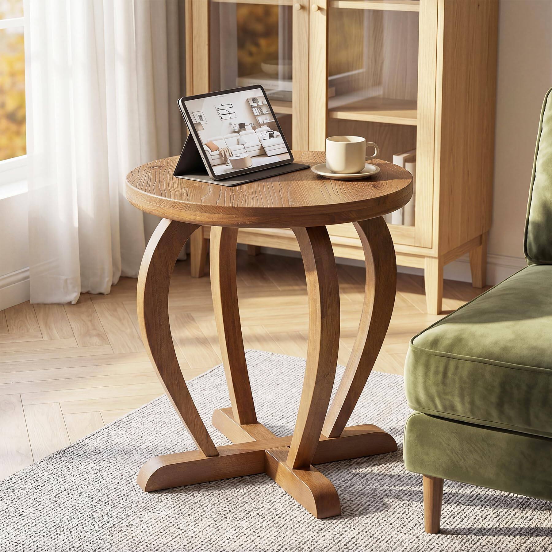Tribesigns Round End Table, Solid Wood Rustic Bedside Accent Side Table ...
