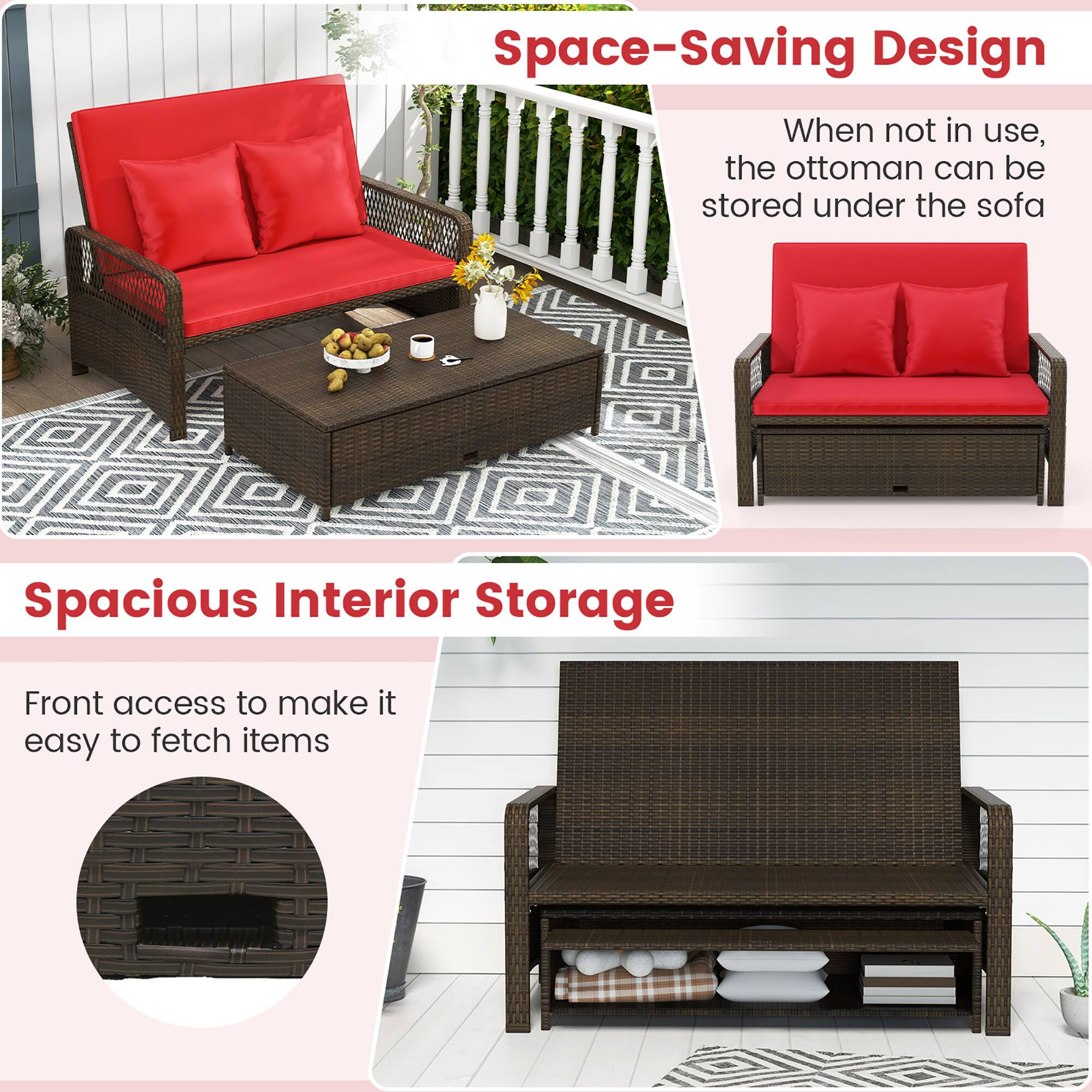 Space-Saving Design  
When not in use, the ottoman can be stored under the sofa  

Spacious Interior Storage  
Front access to make it easy to fetch items