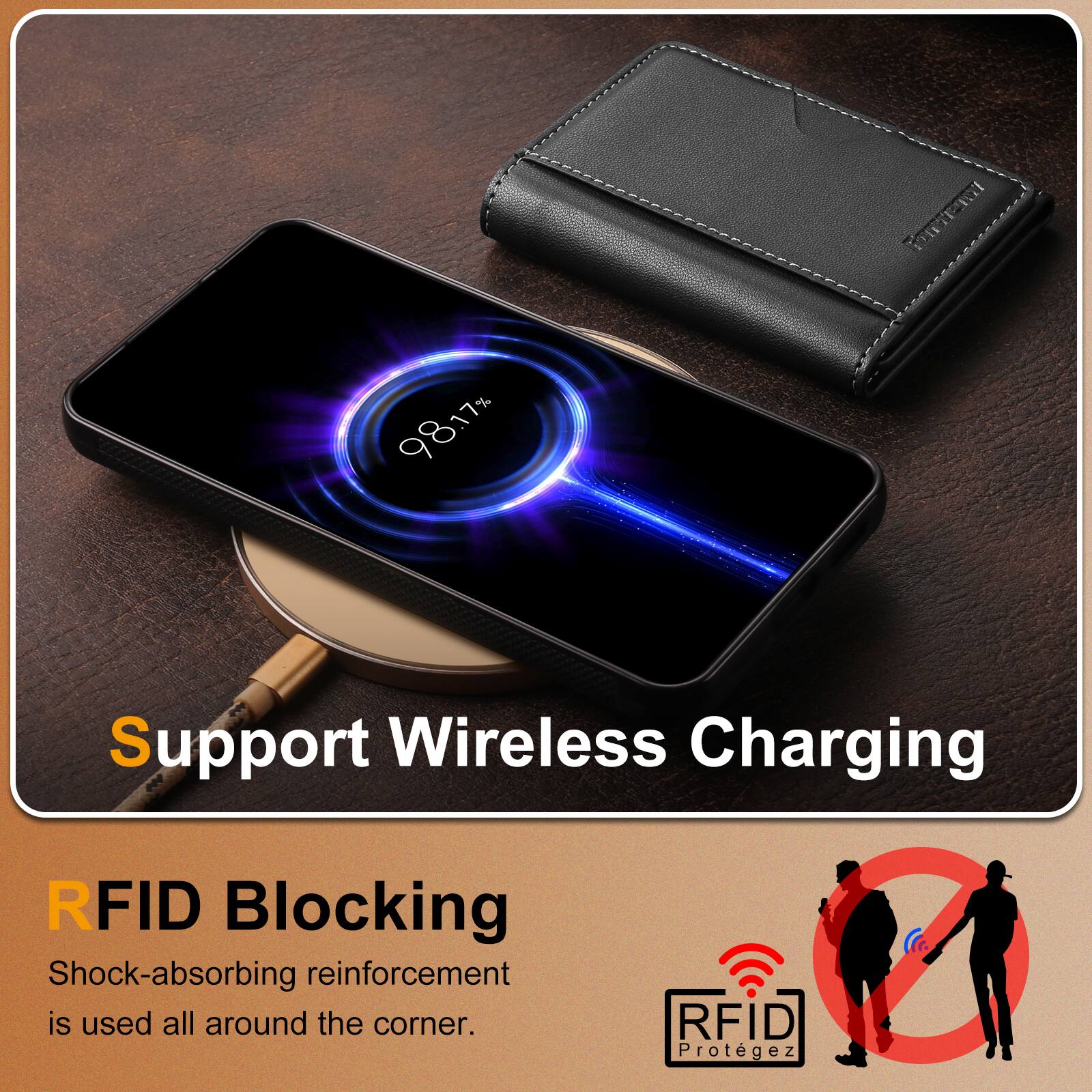 Support Wireless Charging  
98.17%  

RFID Blocking  
Shock-absorbing reinforcement is used all around the corner.  

RFID Protégez