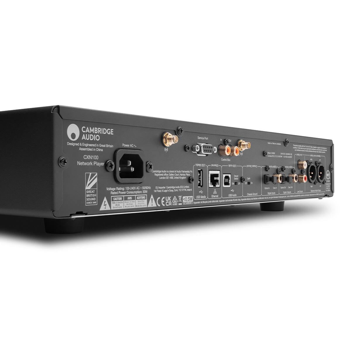 CAMBRIDGE AUDIO  
Designed & Engineered in Great Britain  
Assembled in China  
CXN100  
Network Player  

Power AC ~  
Voltage Rating: 100-240V AC 50/60Hz  
Rated Power Consumption: <0.5W  

GREAT BRITISH SOUND  

CAUTION  
CE  
UK  
CQC  
EAC  

London SE18 6LJ, UK  
www.cambridgeaudio.com