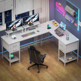 Furnulem - 66 Inch LShaped Corner Computer Desk with Builtin Power Outlet for Home Office - White