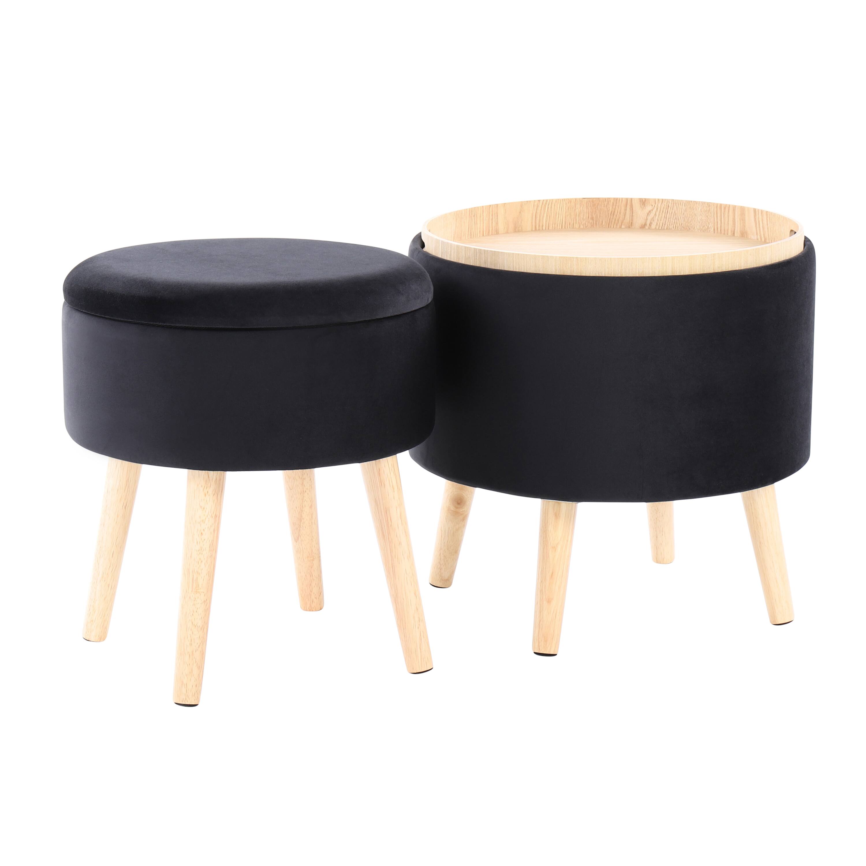 Back. Tiramisubest - Tray Contemporary Storage Ottoman with Matching Stool in Black Velvet and Natural Wood Legs by LumiSource - Black.
