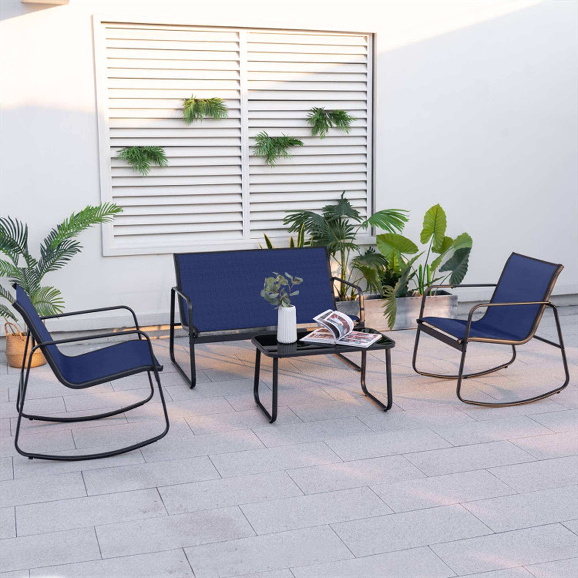 Alt View 1. Boyel Living - Navy 4 Piece Patio Rocking Set with GlassTop Table 45-in L x 31.5-in W x 28.5-in H - Navy.