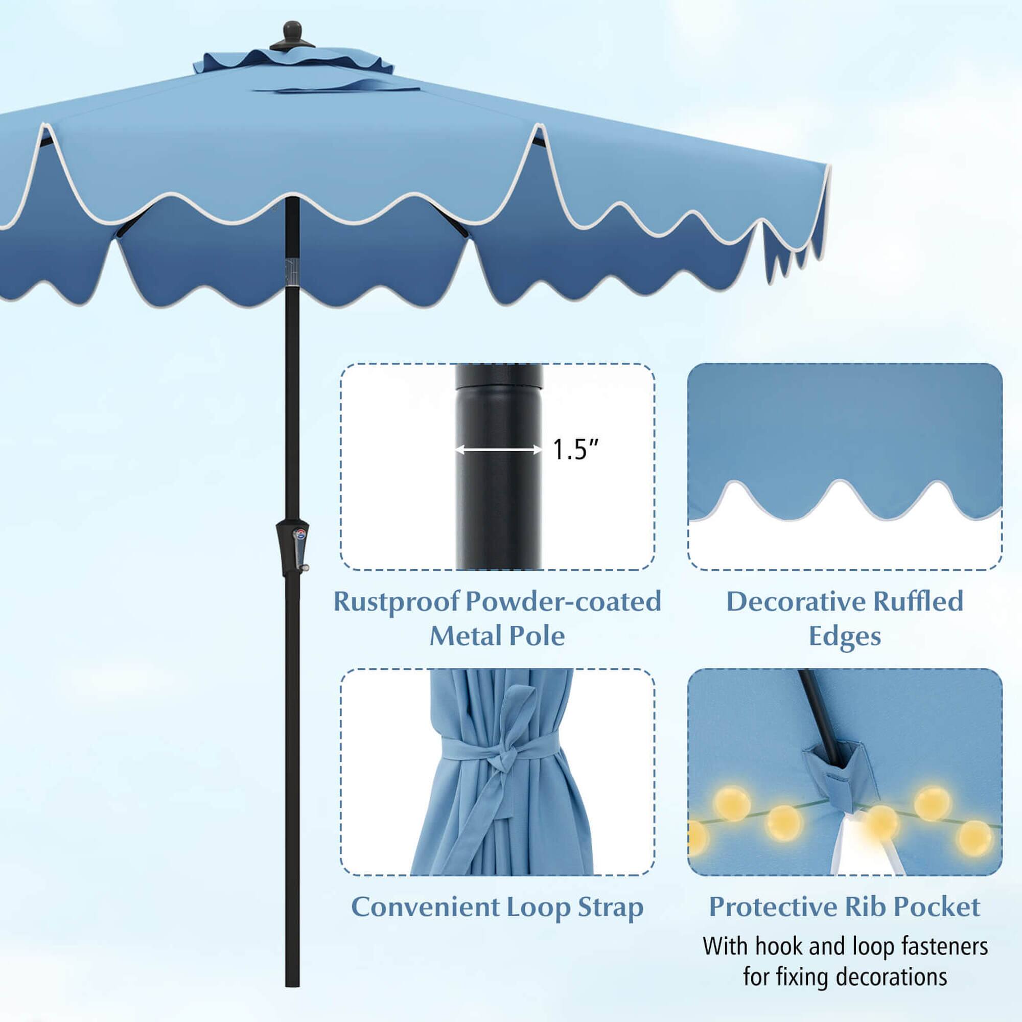 1.5" Rustproof Powder-coated Metal Pole  
Decorative Ruffled Edges  
Convenient Loop Strap  
Protective Rib Pocket with hook and loop fasteners for fixing decorations