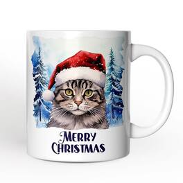 OrnamentallyYou - Tabby Cat with Santa Hat Mug, Winter Forest Christmas Gift - White