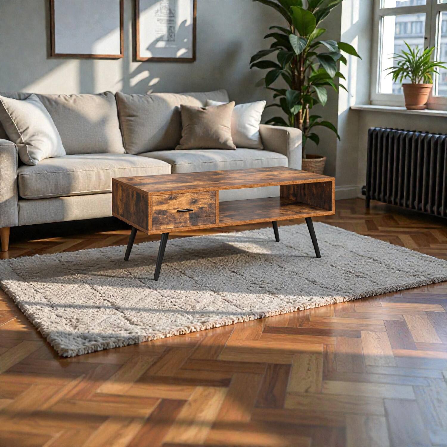 Angle. Hivvago - Classic Rectangular Living Room Table with Storage Compartment and Shelf - Rustic Brown.