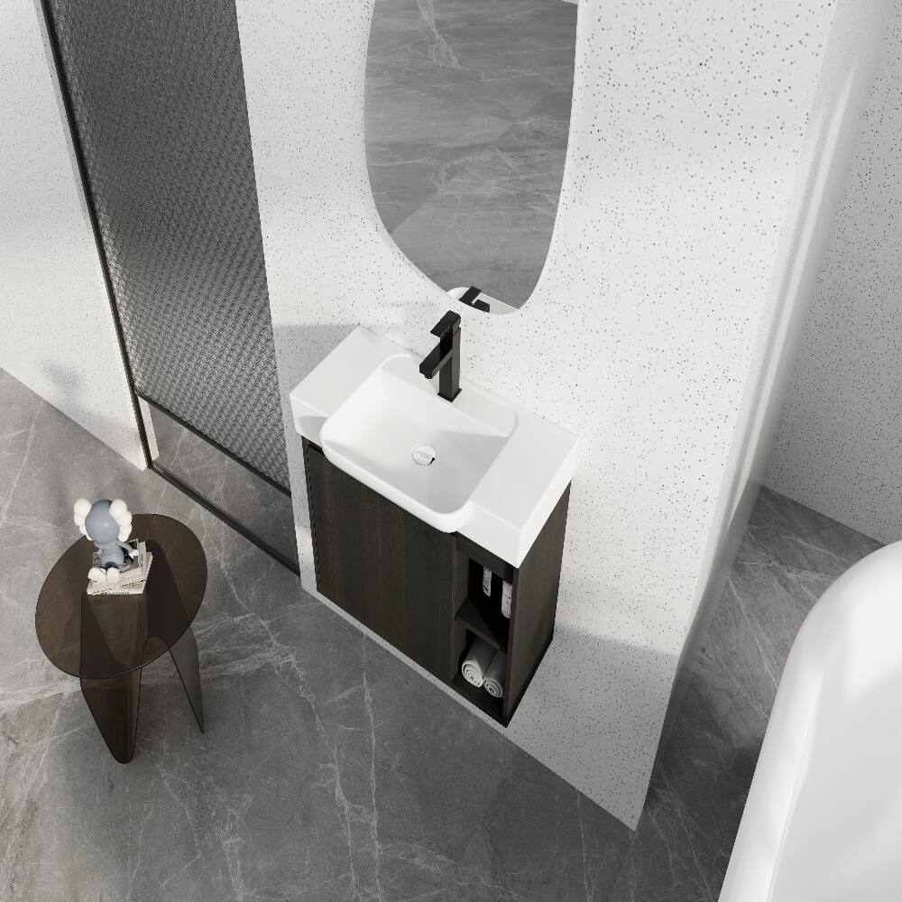 Alt View 3. Loheer - Loheer 28 inch wall mounted bathroom vanity with white ceramic sink, dark oak floating vanity - Dark Oak.