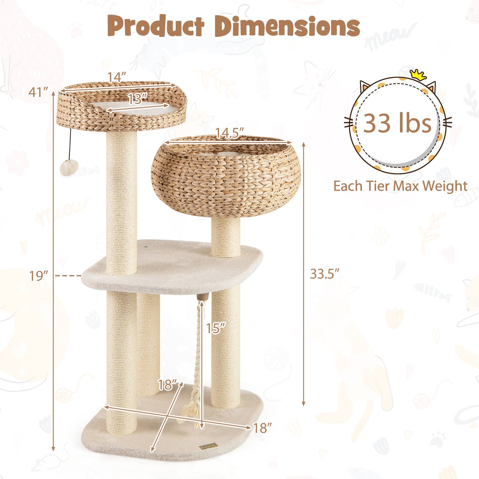 Product Dimensions

- Height: 33.5"
- Top Tier: 41" x 14" x 13"
- Middle Tier: 19" x 14.5" x 13"
- Bottom Tier: 18" x 15" x 18"
- Base: 18" x 18"

Each Tier Max Weight: 33 lbs