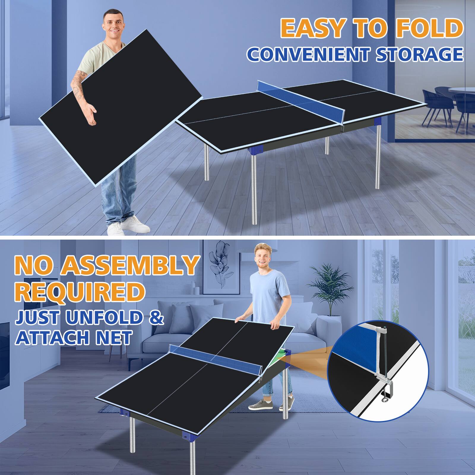 EASY TO FOLD  
CONVENIENT STORAGE  

NO ASSEMBLY REQUIRED  
JUST UNFOLD & ATTACH NET