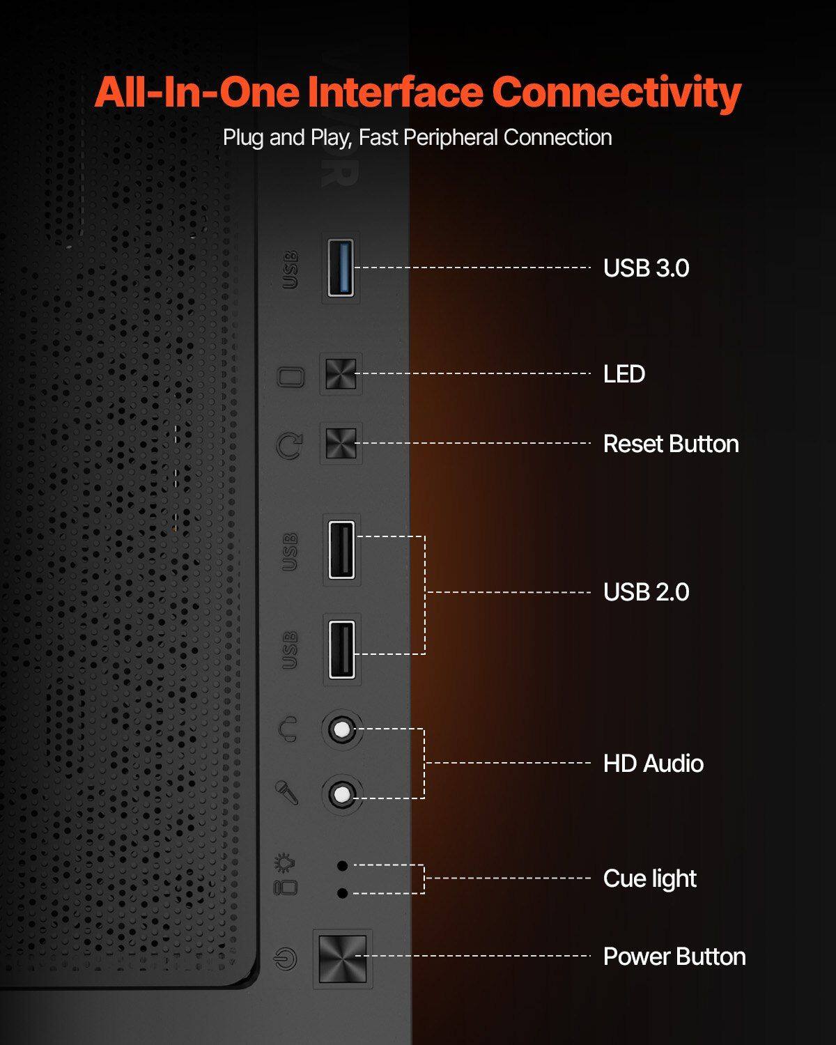 All-In-One Interface Connectivity  
Plug and Play, Fast Peripheral Connection  

- USB 3.0  
- LED  
- Reset Button  
- USB 2.0  
- HD Audio  
- Cue light  
- Power Button