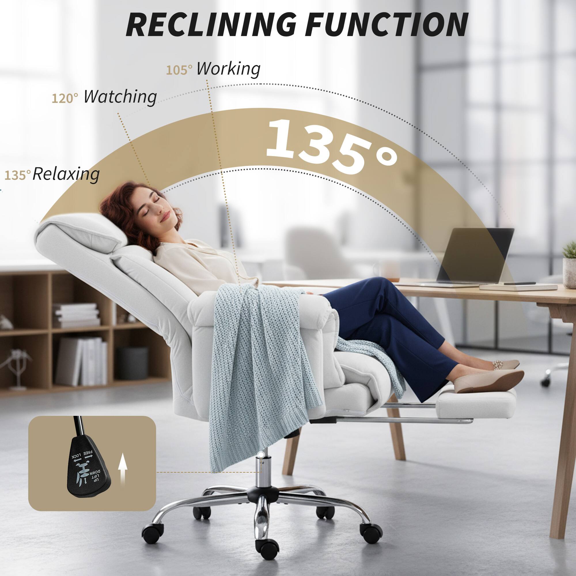 RECLINING FUNCTION

105° Working  
120° Watching  
135° Relaxing  

135°