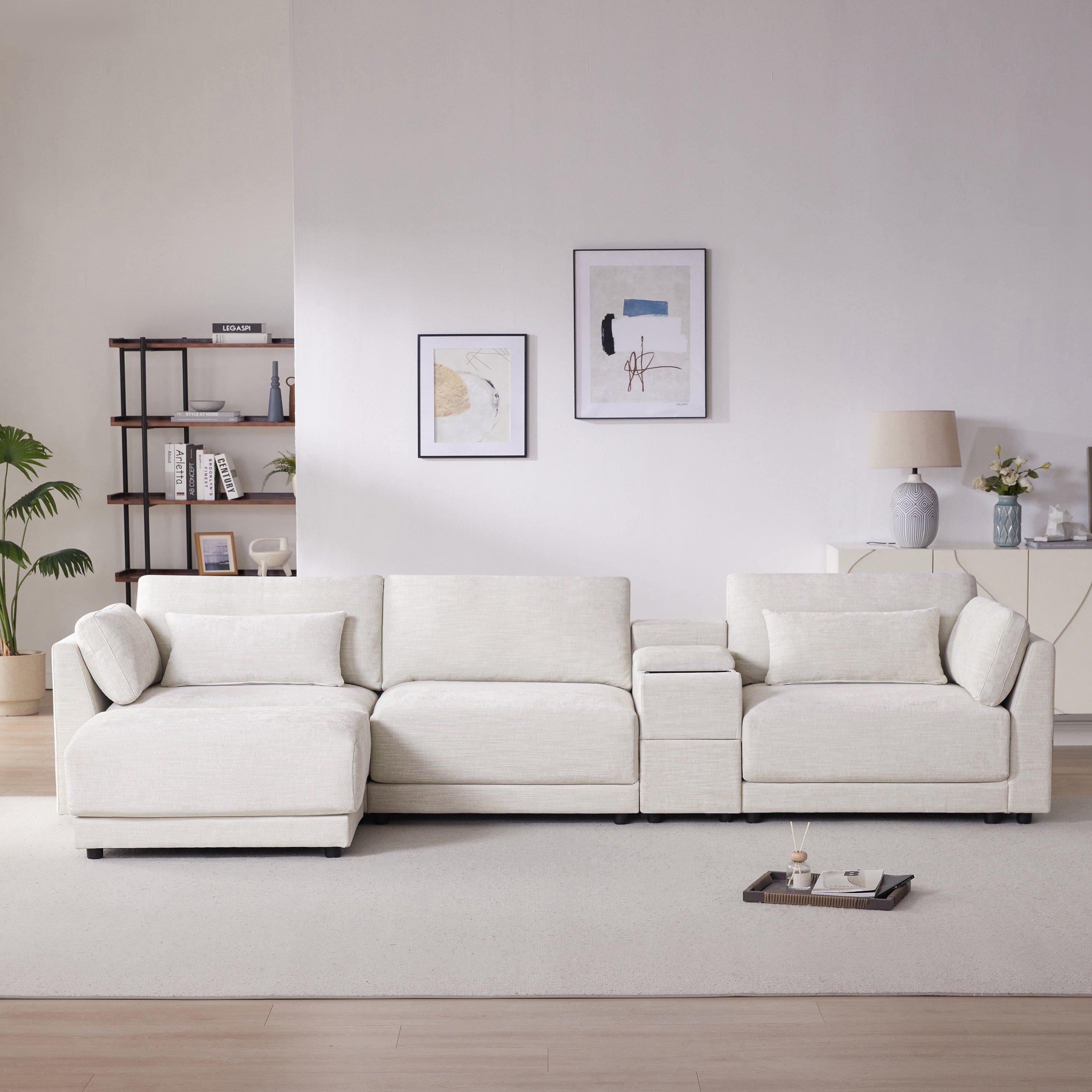 Boyel Living - L Shaped Sectional Sofa Multi Functional Storage Console Wider Thicker Cushion Beige Chenille - Beige
