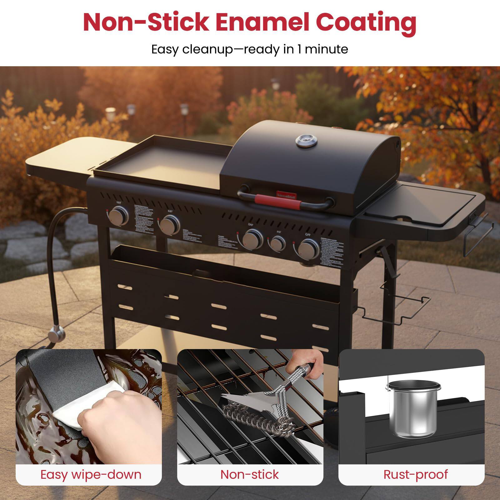 Non-Stick Enamel Coating  
Easy cleanup—ready in 1 minute  

- Easy wipe-down  
- Non-stick  
- Rust-proof