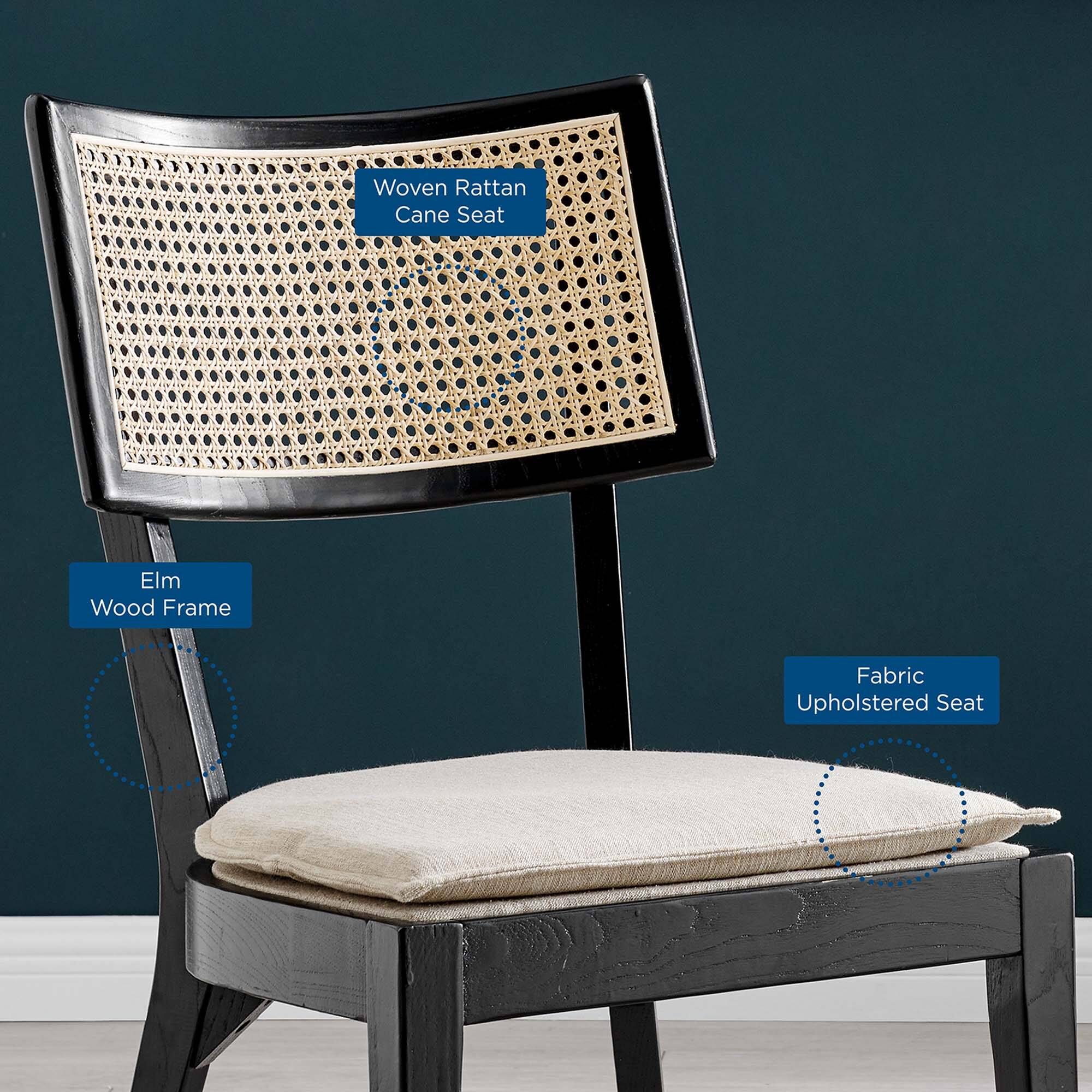 - Woven Rattan Cane Seat
- Elm Wood Frame
- Fabric Upholstered Seat