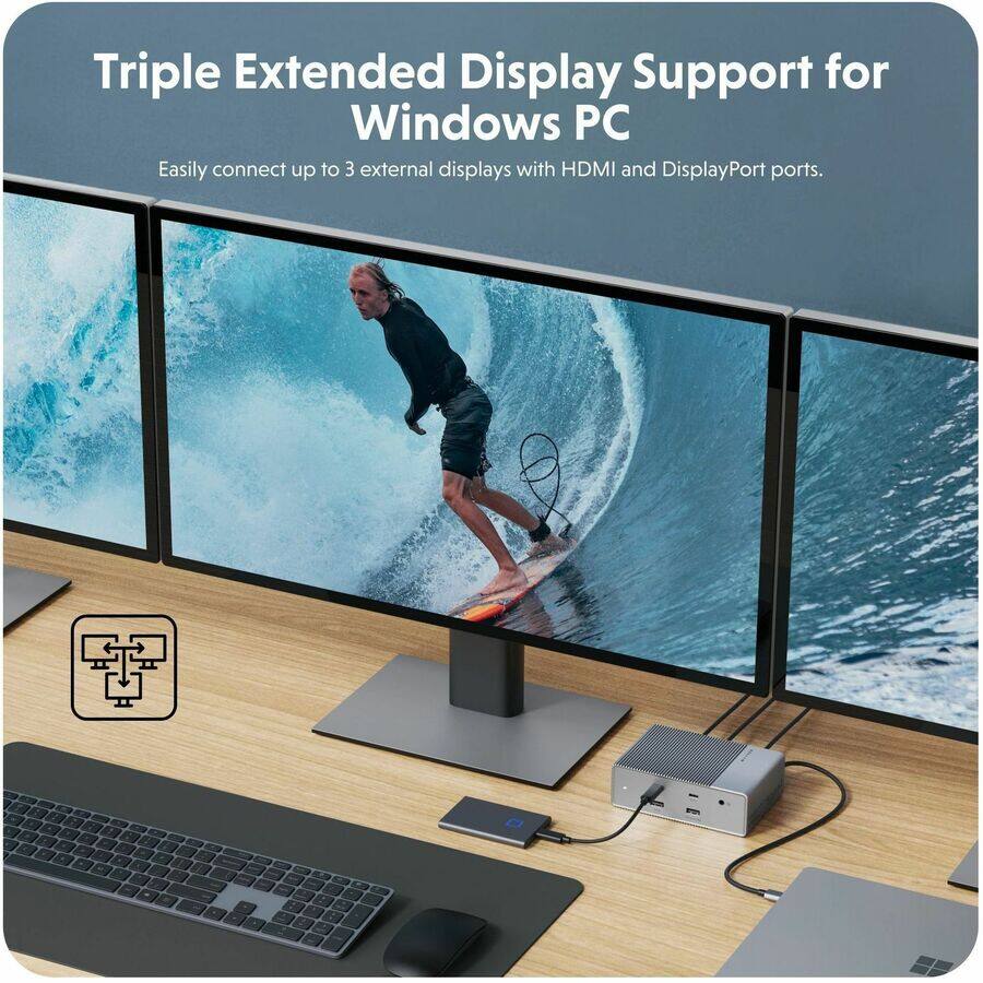Triple Extended Display Support for Windows PC

Easily connect up to 3 external displays with HDMI and DisplayPort ports.