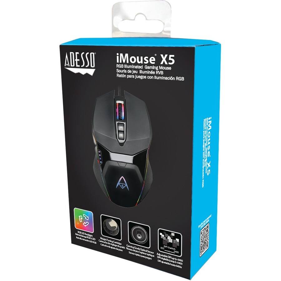 ADESSO  
iMouse X5  
RGB Illuminated Gaming Mouse  
Souris de jeu illuminée RVB  
Raton para juegos con iluminación RGB  

- RGB Bridge  
- Micro USB TaringCartidge  
- Gaming Grade Optical Sensor  
- Optical Sensor  
- 8000 DPI Switch  
- DPI adjustable from 800 to 6400  

- 100 DPI  
- Gaming Grade Optical Sensor  
- 8000 DPI Switch  
- DPI adjustable from 800 to 6400  

- RGB Bridge  
- Micro USB TaringCartidge  
- Gaming Grade Optical Sensor  
- Optical Sensor  
- 8000 DPI Switch  
- DPI adjustable from 800 to 6400  

- 100 DPI  
- Gaming Grade Optical Sensor  
- 8000 DPI Switch  
- DPI adjustable from 800 to 6400  

- RGB Bridge  
- Micro USB TaringCartidge  
- Gaming Grade Optical Sensor  
- Optical Sensor  
- 8000 DPI Switch  
- DPI adjustable from 800 to 6400  

- 100 DPI  
- Gaming