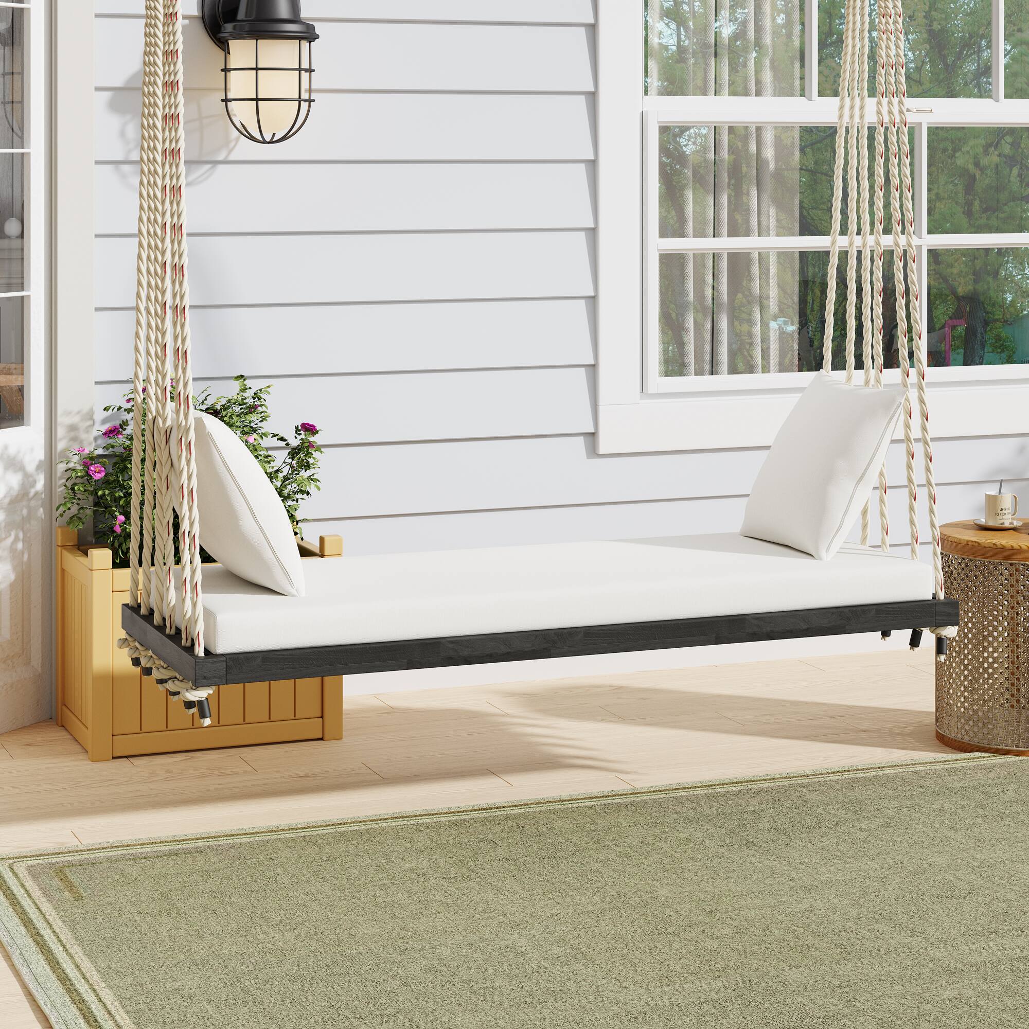 GOODSILO - Acacia Wood Patio Swing Chair - Hanging Porch Bench with Cushion & Ropes for Garden, Backyard, Lawn - Brown