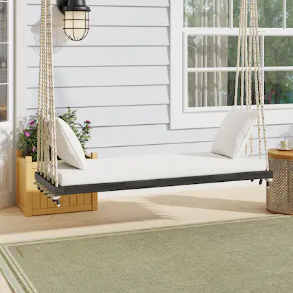 Front. APRILSOUL - Patio Wooden Swing Chair Hanging Porch Swing Bench for Garden Backyard Lawn Brown - Brown.