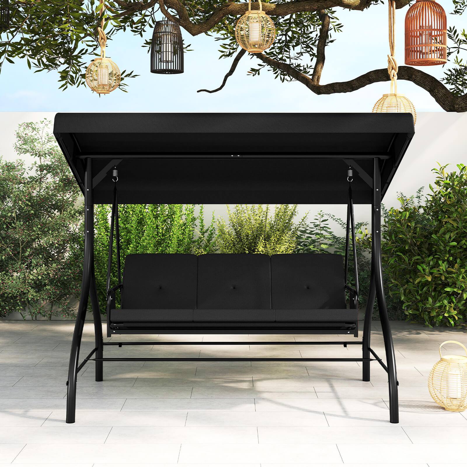 Alt View 3. Costway - Costway 3-Seat Patio Swing with Canopy with Removable Cushions & Side Pockets Stand - Black.