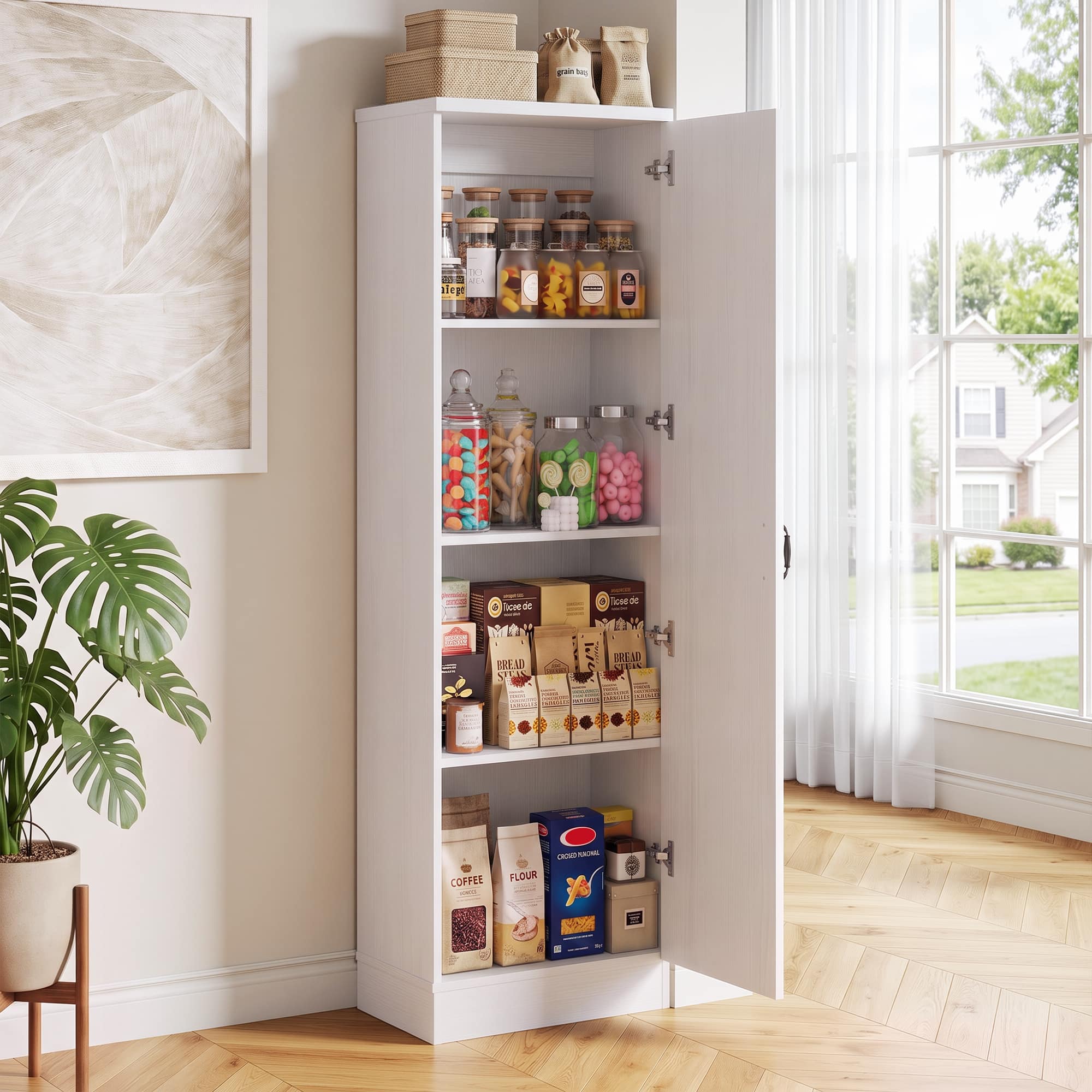 Aheaplus - Farmhouse Slim Pantry Cabinet - Adjustable Shelves, Reversible Door for Kitchen & Pantry Storage - White